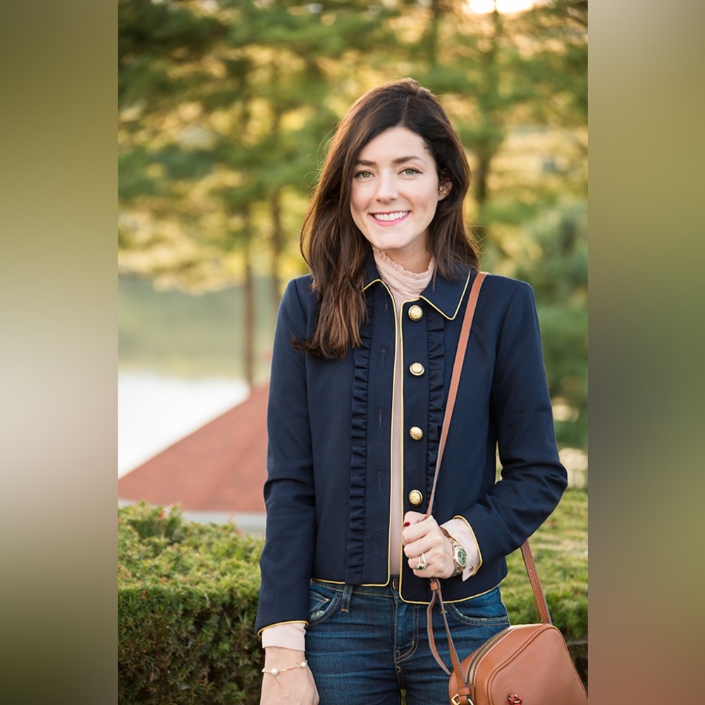 $198 J.Crew Navy Blazer Jacket Gold Crest Buttons Ruffle Front Wool Blend Size 6 - Picture 2 of 16